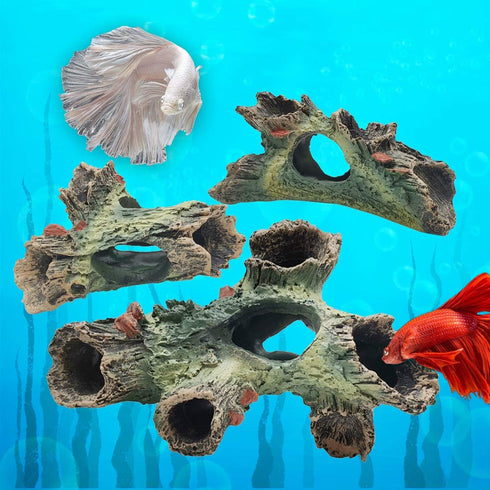 TIHOOD 3PCS Decaying Trunk Aquarium, Betta Fish Ornament, Freshwater Resin Decoration Log with Holes and Caves