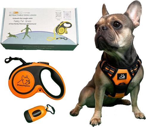 Funny Fur Grace Neon Orange 3-in-1 Comfort Fit Adventure Dog Walking Set: Adjustable Harness, 16ft Leash, Pup Bags
