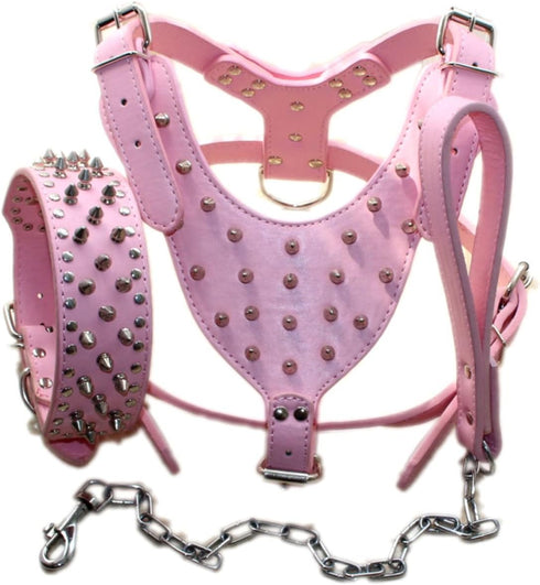 Matching Set of Leather Spiked Studded Collars, Harnesses & Chain Leashes for Medium & Large Dogs, Pit Bull, Mastiff,