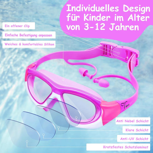 Vvinca Kids Swim Goggles for Ages 3-12, Upgraded Design with Ear & Nose Plug, Anti-Fog No Leak