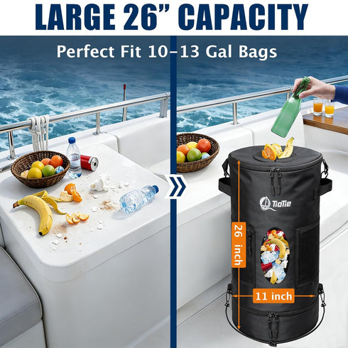 TioTie 5.5in 26" 1680D Boat Trash Can with PVC Cross Opening, Large Marine Garbage Bag for Pontoon, Fishing & Kayak