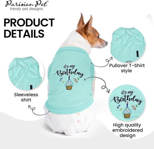 Parisian Pet Dog T-Shirt - 'It's My Birthday' Embroidered Sleeveless Shirt, Blue Tee for Medium Dogs, M