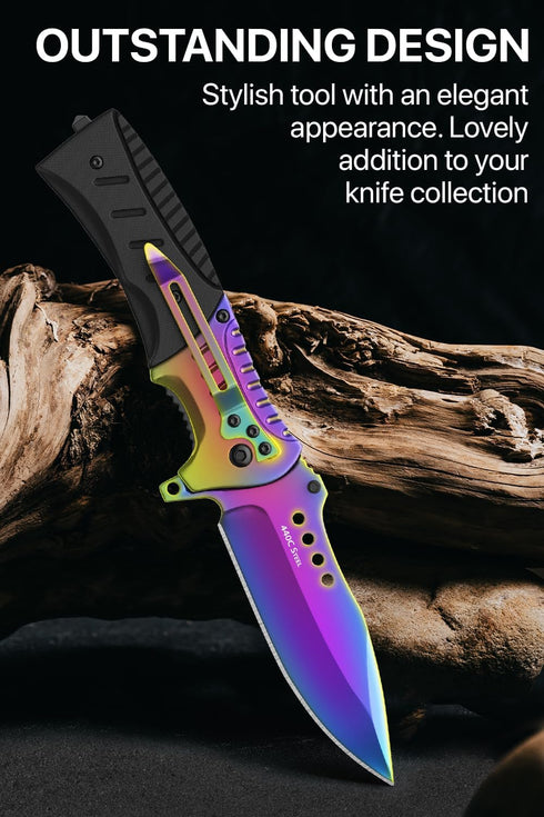 Grand Way Pocket Knife, Rainbow EDC USMC Jack Folding Knife, Best Camping Survival Gear, Gifts for Men 0208 BR