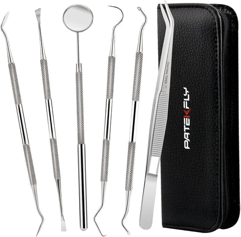 Patekfly Stainless Steel 6 Pack Dental Tools, Dental Pick, Floss, Hygiene Tool Set for Oral Care