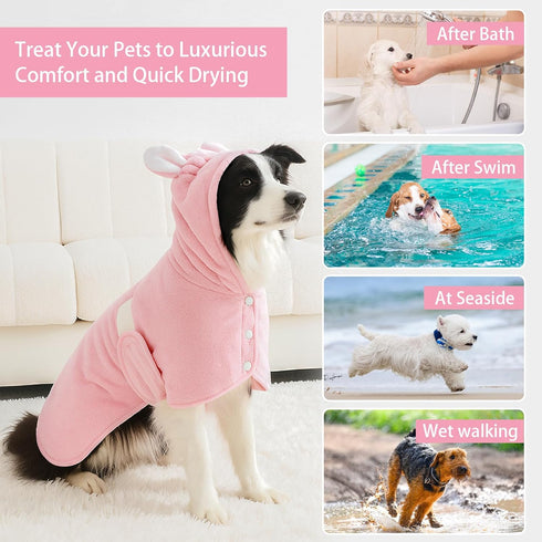 Pet Bathrobe Towel Dog Cat Drying Coat Super Absorbent Cute Dogs Bath Towel Hooded Robe Adjustable Collar & Belly Strap