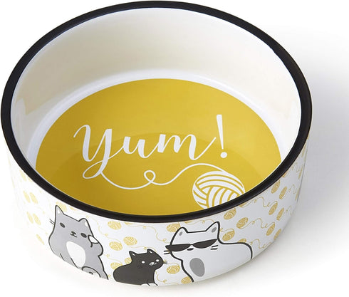 PetRageous Tangled Kitty Stoneware Cat Bowl, 2-Cup Capacity, Dishwasher Safe, 5-Inch Diameter, White.