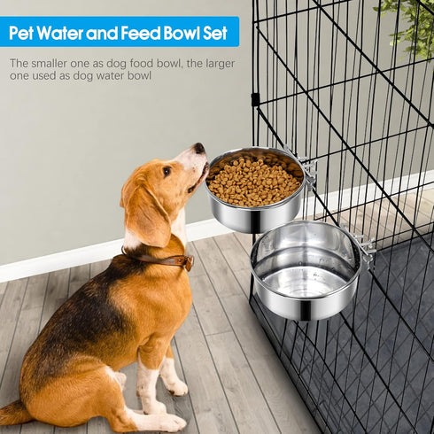 Dog Food Water Bowl with Clamp Holder, Stainless Steel Non-Spill Hanging Bowls for Small Medium Large Dogs (Silver, M)