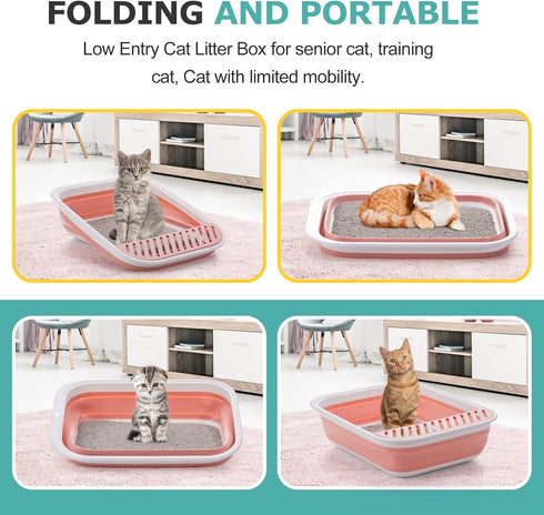 Open Top Cat Litter Box, Large Foldable Cat Potty Height-Adjustable Sides Anti-Splash, Open Air Kitty Litter Pan No