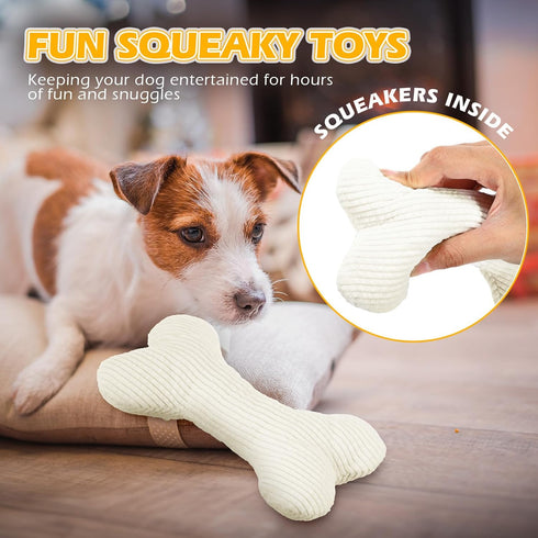 Poen 6 Pcs Bone Shaped Plush Squeaker Dog Toy, 8.27 x 4.72 Inch, Soft Calming Interactive Fetch Toy, White
