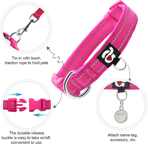 Azuza Soft Neoprene Padded Reflective Dog Collar with ID Tag Ring, Adjustable for Large Dogs, Hot Pink, L