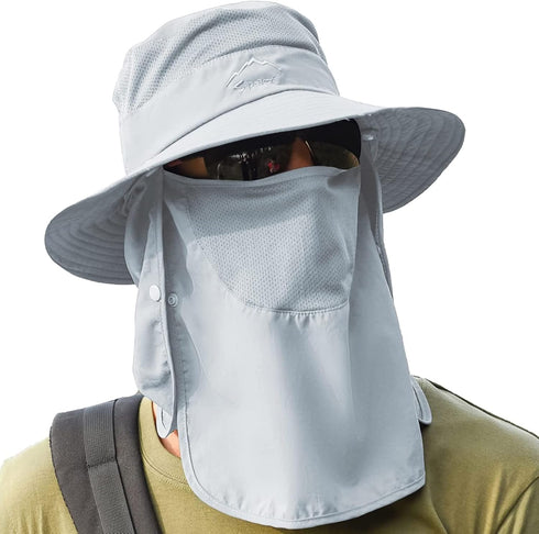 UPF 50+ Sun Fishing Hat for Men Women with Detachable Face Cover & Neck Flap, Wide Brim Hat