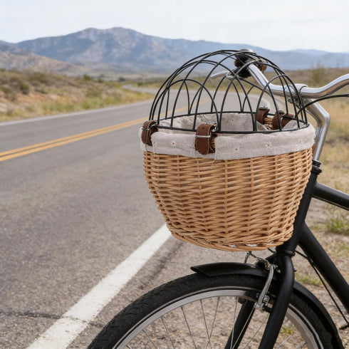 Commuting Puppy Bike Carrier Handwoven Wicker Pet Basket with Straps for Dog Cat Riding, Front Mounted Animal Carrier
