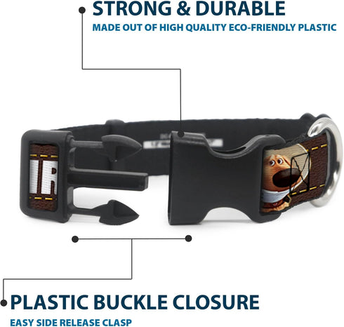 Buckle-Down Plastic Clip Collar - Dug 3-Poses/SQUIRREL!, Brown/Yellow/White, 1" Wide, Fits 15-26" Neck, Large