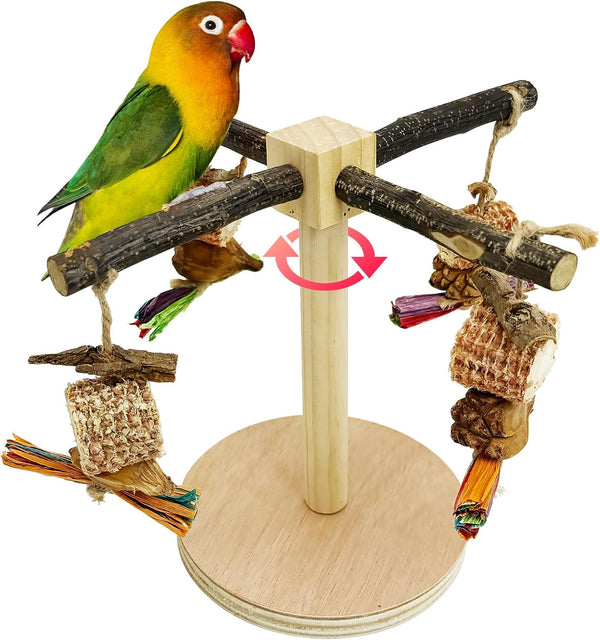 Rotating Bird Perch Stand Toy Natural Wooden Parakeet Toys with Edible Chew