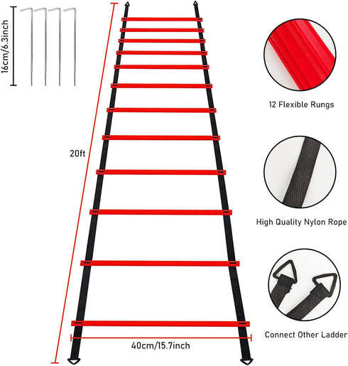 Pro Speed & Agility Training Set with 12 Rung 20ft Adjustable Agility Ladder, 12 Disc Cones, and Resistance Parachute