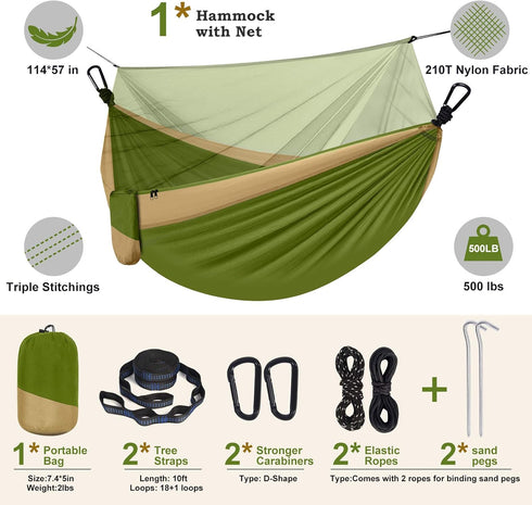 Portable Camping Hammock with Net, Lightweight Double Hammocks with Tree Straps, Parachute Nylon for Hiking Green&Khaki