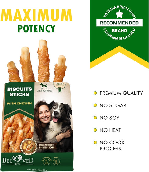 Biscuits Sticks Dog Treats, Chicken Wrapped, Human Grade Meat, Natural Dried Snacks, Rawhide-Free, Grain-Free