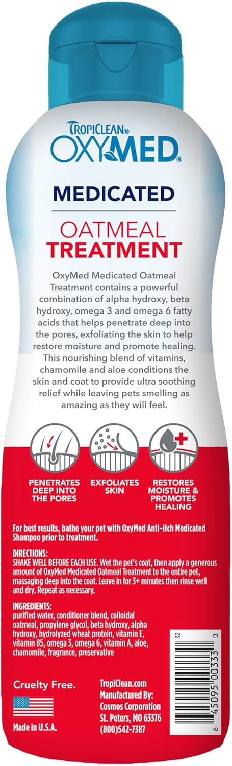 20 oz TropiClean Oxymed Medicated Cat & Dog Conditioner For Itchy Skin | Skin Soothing Oatmeal Conditioner For Dogs