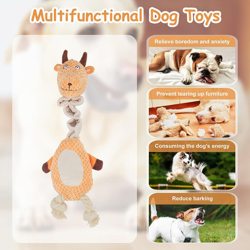 Durable Tough Squeaky Dog Toys, Stuffed Animal Chew Toy with Crinkle Paper, Interactive Rope Toys for All Dog Sizes,