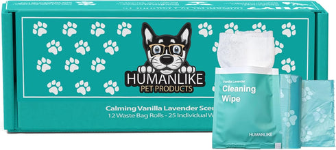 Vanilla Lavender Scent Dog Poop Bags Rolls (12 rolls) & 25 Individual Pet Wipes - 2 in 1 Cleaning Kit