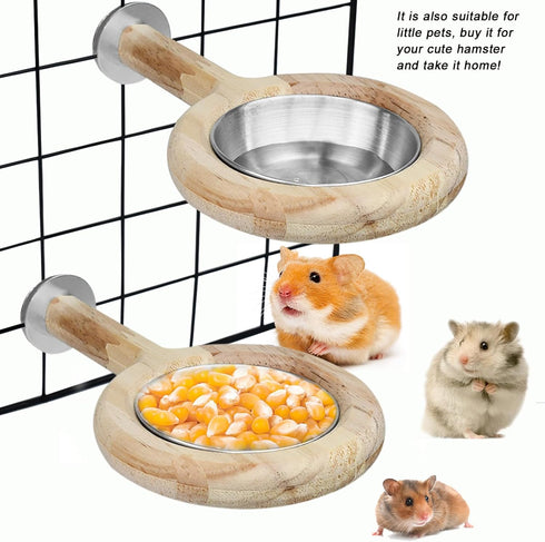 ASOCEA Bird Perch with Feeding Cups, Parrot Wood Stand Toy, Bird Cage Accessory with Stainless Steel Bowls