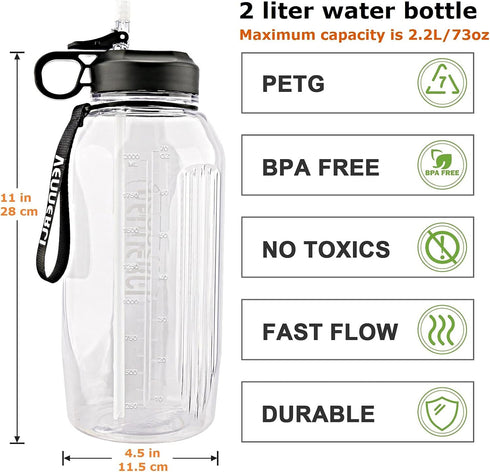 Large Water Bottle with Straw, VENNERLI Portable Sports Water Bottle 2.2L BPA-Free for Hiking and Camping