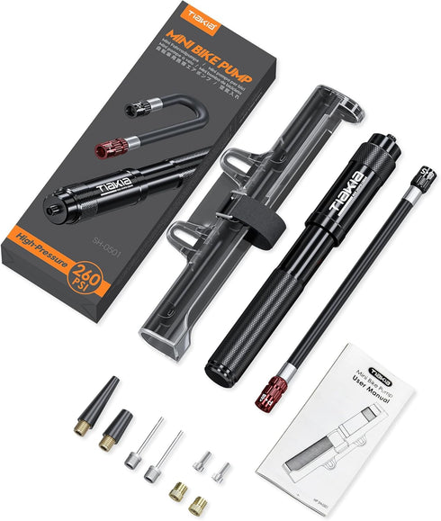Tiakia Mini Bike Pump, Portable Compact Bicycle Pump, High Pressure Frame Pump 260PSI for Presta, Schrader & Woods