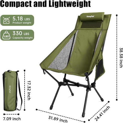 SUNNYFEEL High Back Camping Chair with Pillow, Heavy Duty Portable Folding Chair with Breathable Mesh, Sturdy Aluminum