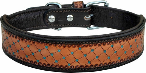 Leather Dog Collar, Western Style, Heavy Duty Hand Tooled, Adjustable Padded for Puppies and Big Dogs (10AB130-XS)