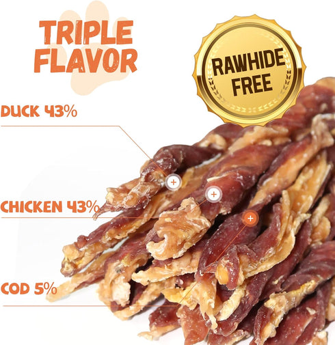 Dog Jerky Treats, Triple Flavor Jerky Twist Sticks 5 inch, Chicken Duck Wrapped Cod Sticks, 28-29 Counts