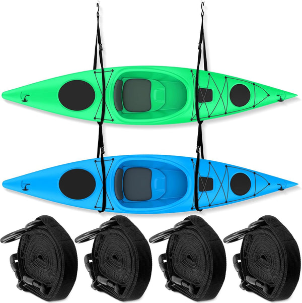 JaGely 4 Pcs Double Kayak Storage Straps System Adjustable Wall Hanging Storage Strap with 4 Hook Bolt Kayak Hoist