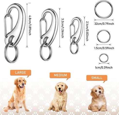18 Pieces Dog Tag Clip Pet ID Quick Clip Combos with Rings, Stainless Steel Holder for Dog Cat (1.9 Inch, 1.3 Inch, 0.8