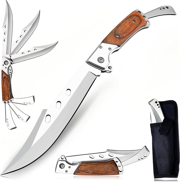 MADSABRE Tactical Folding Knife with Sheath, 12.7-in Long Blade, Rosewood Handle, Outdoor Pocket EDC Hunting Tool