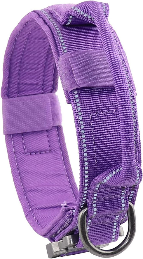 Tactical Dog Collar with Heavy Duty Metal Buckle and Control Handle for Medium Large Dogs Training, Purple, Large