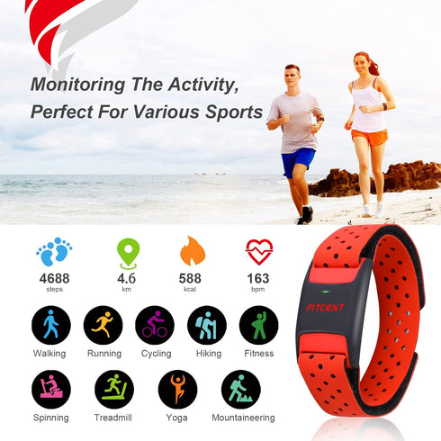 FITCENT Heart Rate Monitor Armband, Bluetooth ANT+ Optical Sensor, Rechargeable Fitness Tracker for Peloton