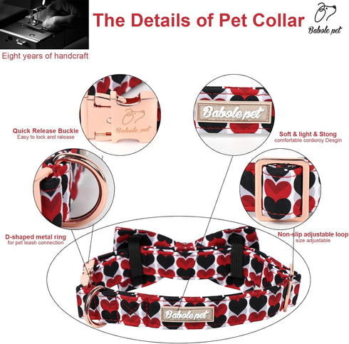 Valentine's Day Adjustable Dog Collar for Small Dogs with Bow Tie, Red&Black Love Heart Collar for Medium Large Dogs,