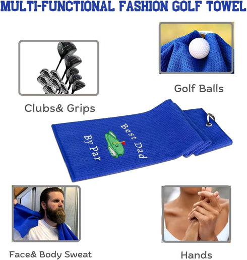 Funny Golf Towel, Best Dad by Par, Embroidered Golf Gifts for Men, Blue Golf Accessories
