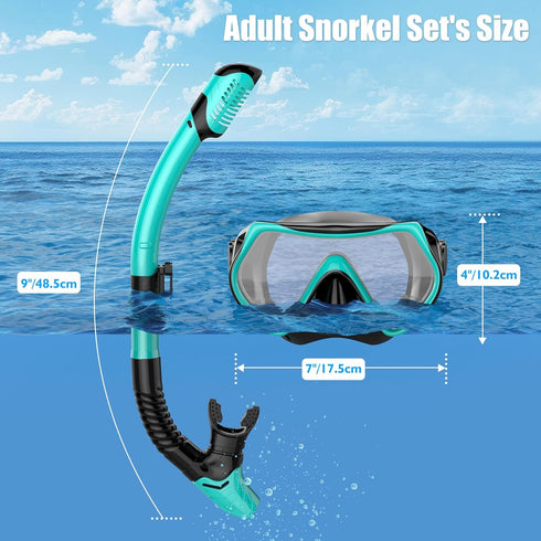 Snorkeling Gear for Adults, Dry-Top Snorkel Set with Scuba Diving Mask, Anti-Leak Anti-Fog Tempered Glass Lens