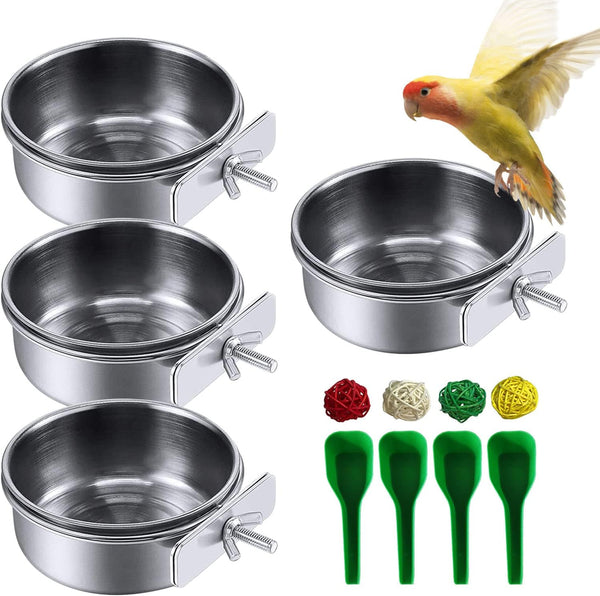 kathson 4 Pcs Stainless Steel Bowls for Birds, Parrot Feeder Dish Cups with Clamp Holder for Cockatiel Budgies Lovebird