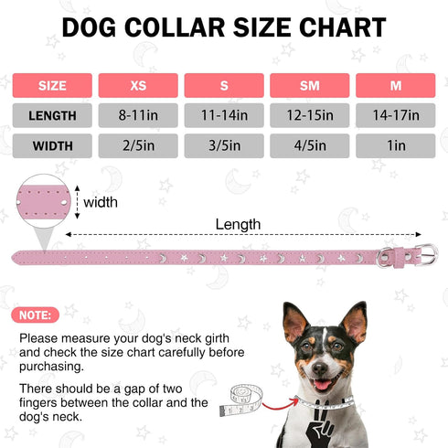 Leather Dog Collar for Small Medium Dogs, Adjustable Star and Moon Studded Collars with Rust-Proof Metal Buckle