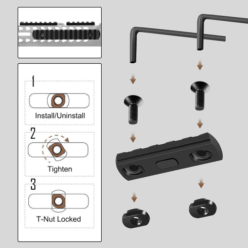 Single Picatinny Aluminum Accessory Rail Set, 3 5 7 9 11 13 Slots with 13 T-Nuts & Screws, Rounded Corner Wrench