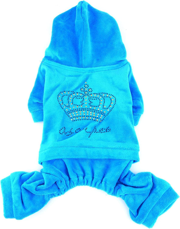 Pet Clothes SMALLLEE_LUCKY_STORE for Small Dog Cat, Soft Velvet Crown Jumpsuit Coat Hoodie Pajamas Tracksuit Blue M