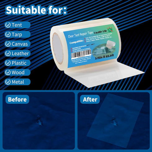 RV Awning Repair Tape, Clear Waterproof Tent Repair Tape for Tarp, Canvas, Boat Covers, Heavy Duty Adhesive - 3.15in