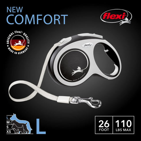 FLEXI New Comfort Retractable Dog Leash for Dogs up to 110lbs, 26 ft, Large, Nylon, Grey/Black