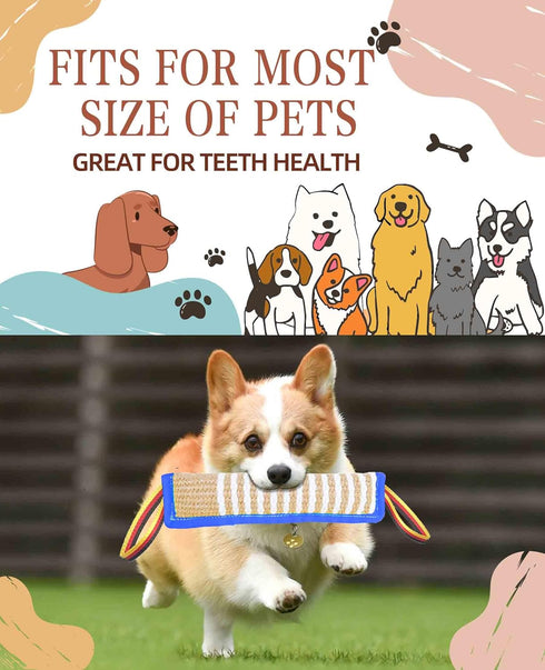 Dog Tug Toy - Tough Jute Bite Pillow for Interactive Training, Two Flag Handles for Puppies to Large Dogs, Aggressive
