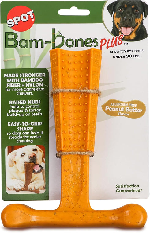SPOT Bam-bones PLUS T Bone - Durable Dog Chew for Aggressive Chewers, Bamboo Fiber & Nylon, 7in, Peanut Butter Flavor