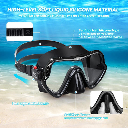Professional Snorkel Diving Mask, Ultra Clear Lens with Wide View Tempered Glass Goggles, Anti-Leakage Scuba Mask