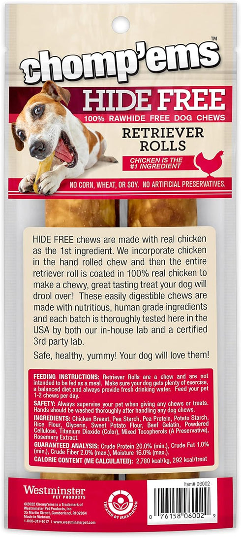 CHOMP 'EMS Chicken Hide Free Dog Chews - Rawhide Free Dog Treats - No Hide Alternative Chew Treat for All Life Stages, Roll, 7", 2 Count — Satisfies Chewing Instincts