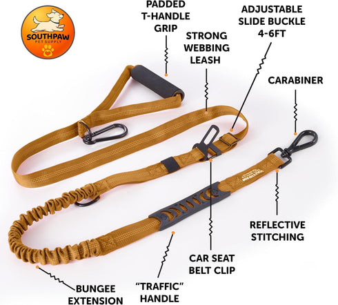 Shock Absorbing Bungee Dog Leash 4-7 ft. for Golden Retreivers with Seatbelt Buckle and Comfortable Padded Handle, Highly Reflective Extendable Heavy Duty Stretchy Tactical Dog Leash (Gold)