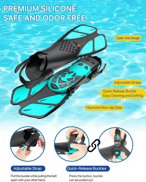 Snorkeling Gear for Adults, 4 in 2 Snorkel Set with Panoramic View Diving Mask, Anti-Fog, Dry Top Snorkel, Fins